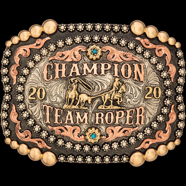 The Cabot Custom Belt Buckle features  graduated bead corners and a double silver bead frame, copper scrollwork and lettering.  Personalize this western buckle now!